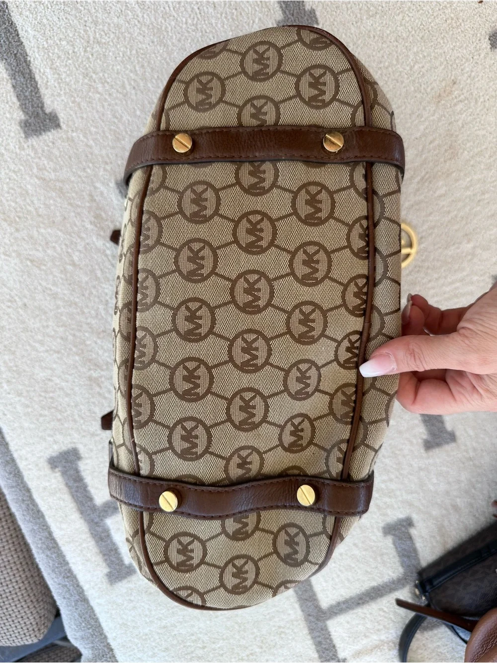 Michael Kors Beige and Brown MK Logo Satchel with Gold Hardware